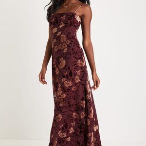 Lulu's floral burnout a-line maxi dress effortless celebartion burgundy large